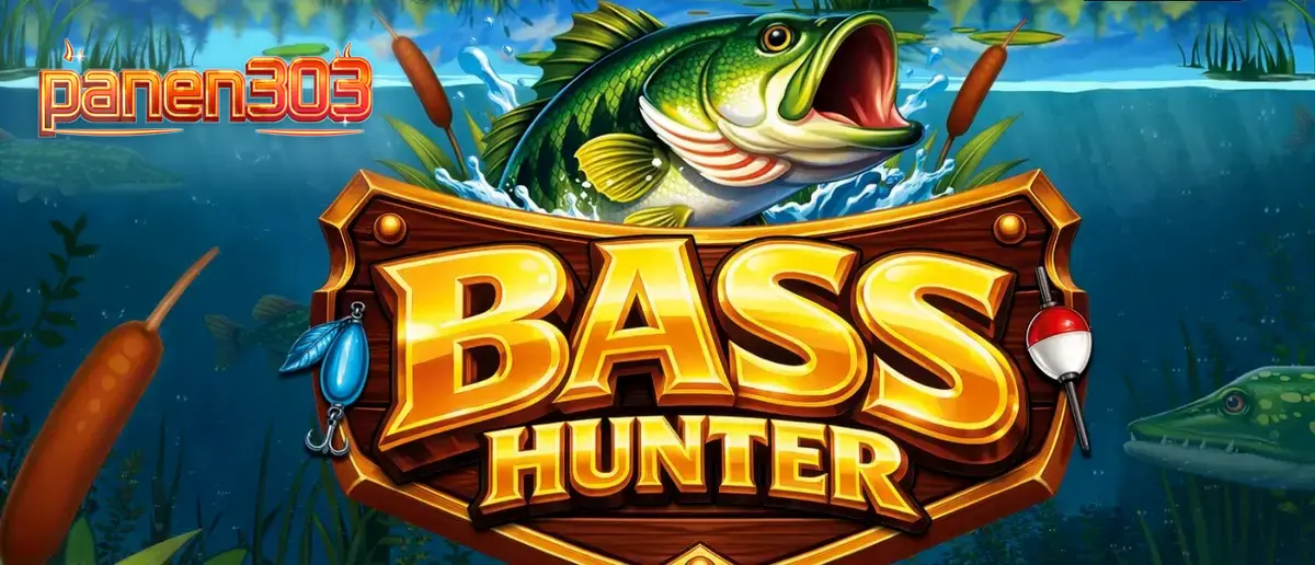 Pemandangan bawah air yang tenang dalam slot Bass Hunter dengan simbol ikan dan peralatan memancing.